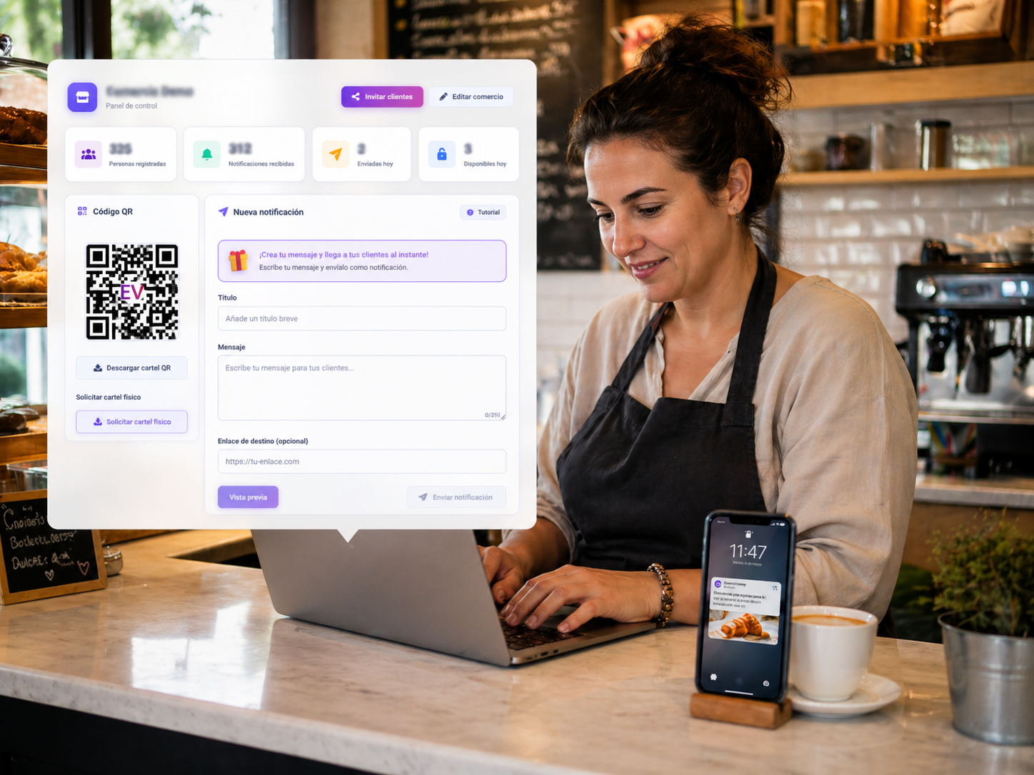 Comerciante enviando notificación push desde Eventify