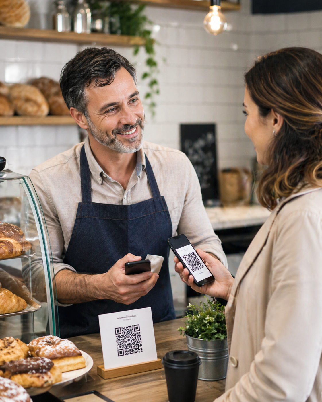 Cliente escaneando QR en un comercio local con Eventify
