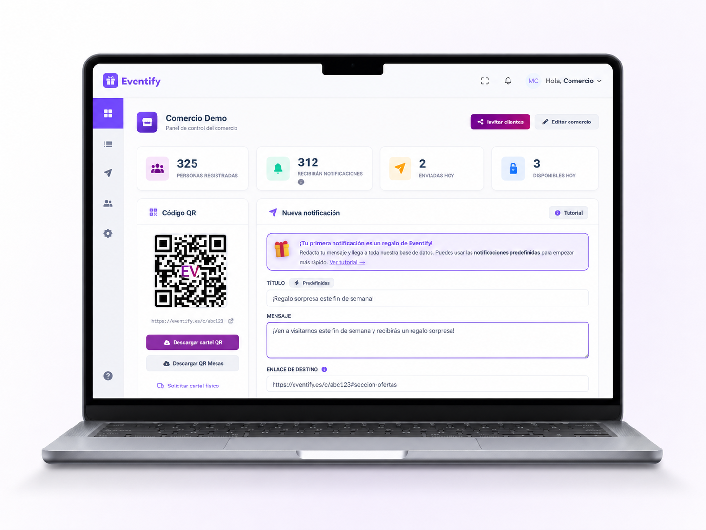 Panel de control Eventify — dashboard del comercio con QR, notificaciones y base de datos de clientes