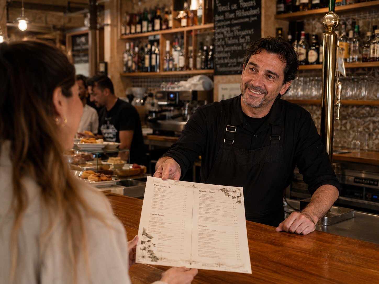 Dueño de bar entregando con orgullo una carta bien diseñada y profesional a un cliente en su establecimiento