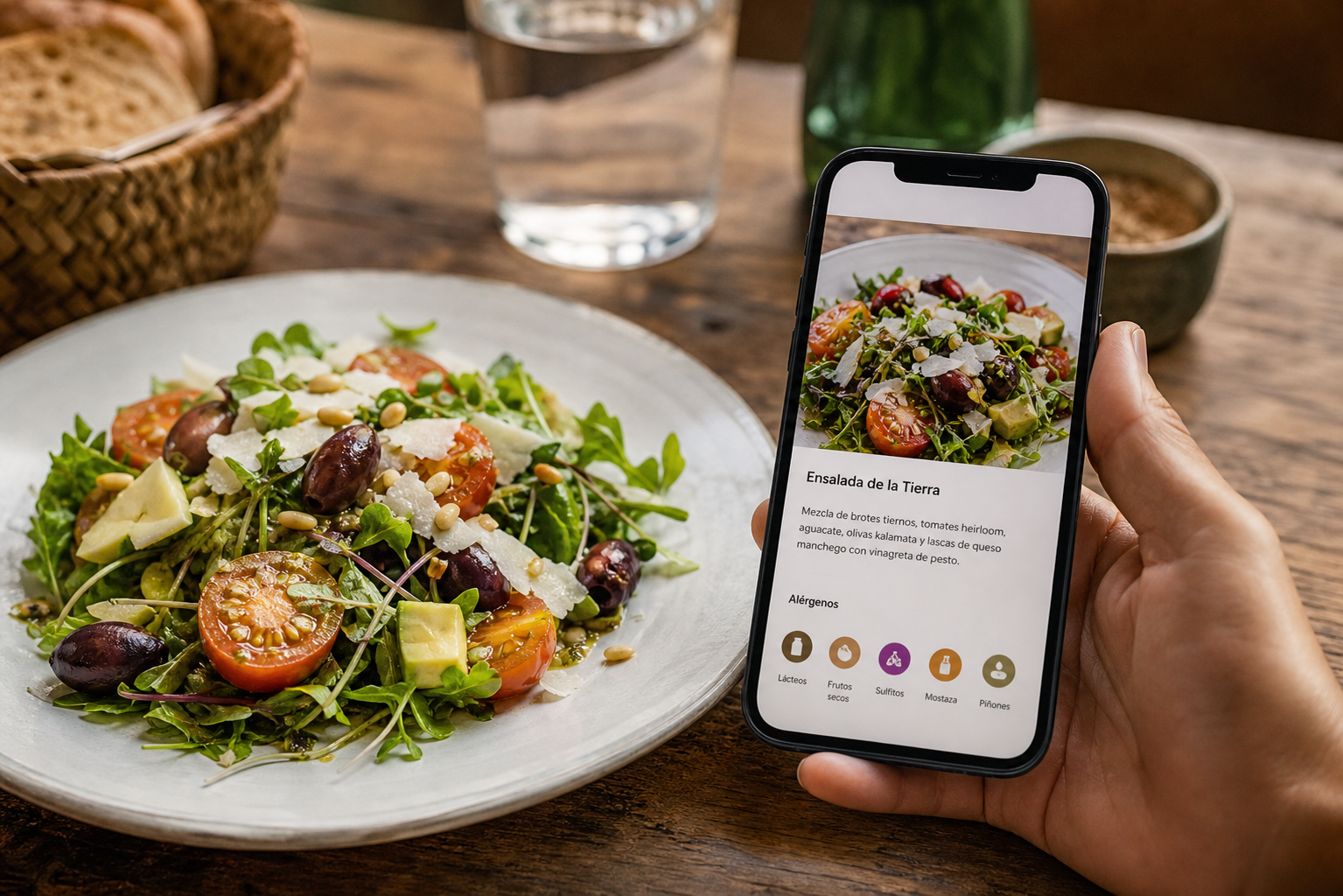 Plato de comida junto a un móvil mostrando una carta digital con descripción e información de alérgenos generada por IA