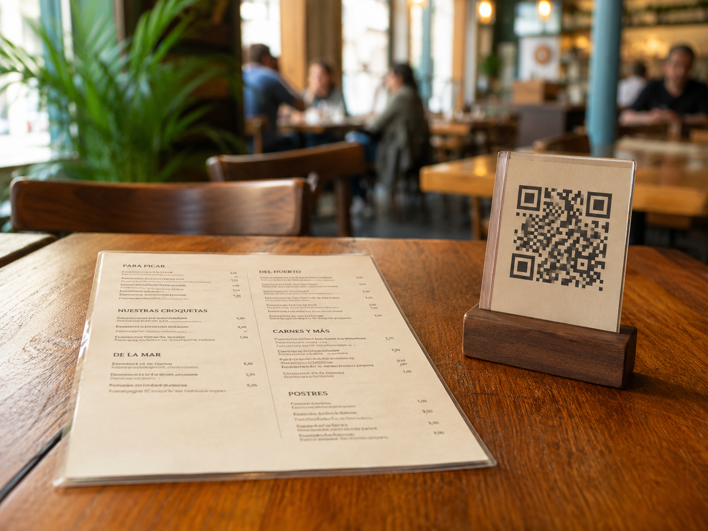 Carta plastificada y carta digital en QR sobre la mesa de un bar español
