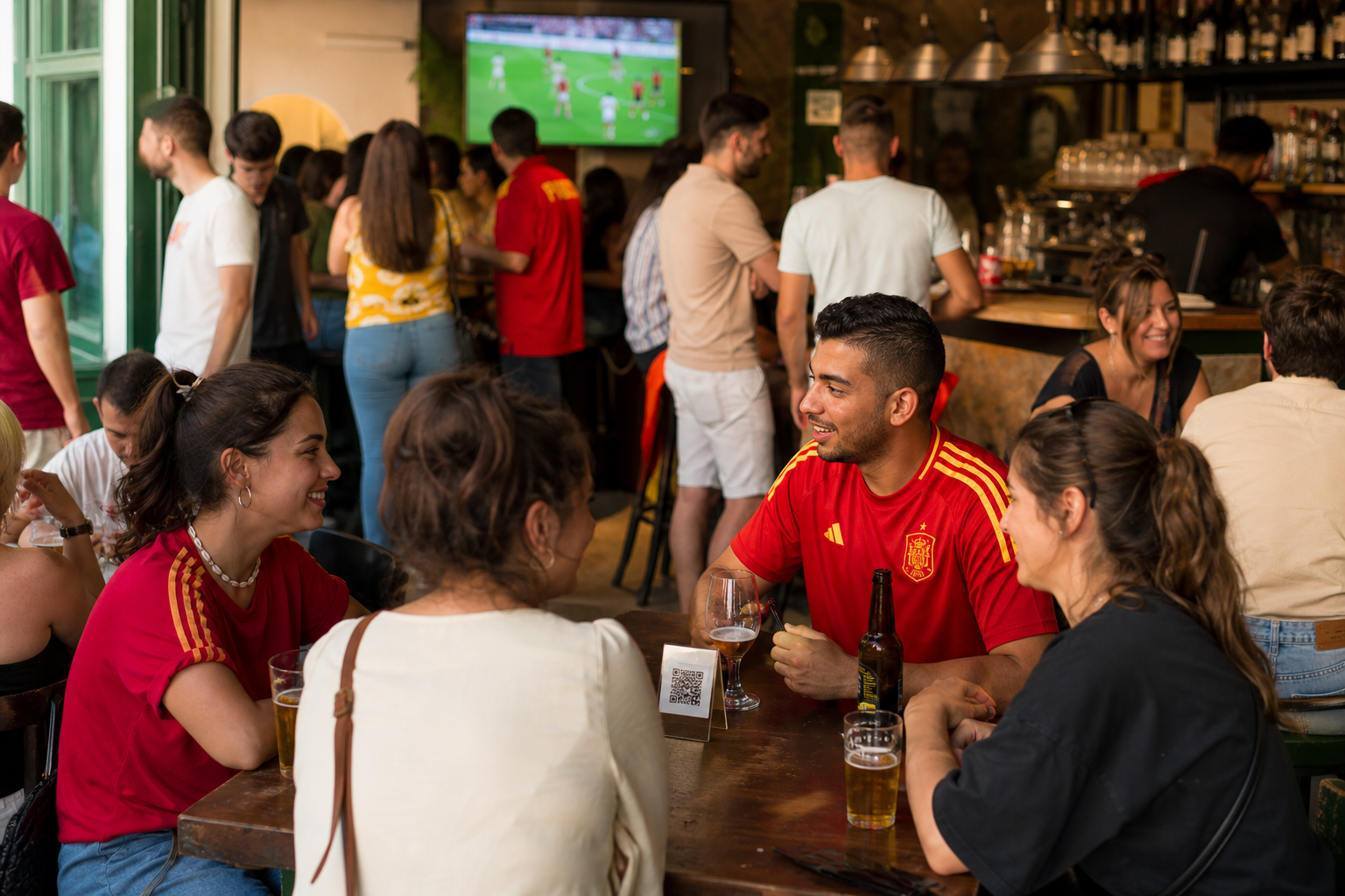 Bar en España lleno de clientes después de un partido del Mundial con QR visible en las mesas