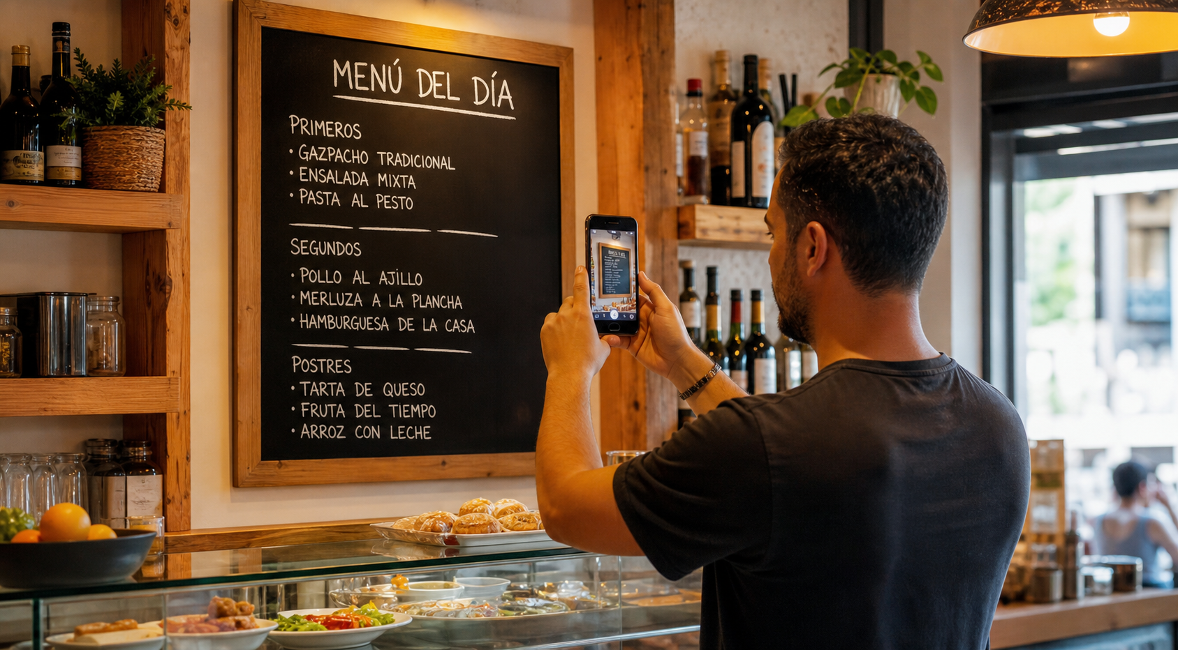 Dueño de bar fotografiando con el móvil la pizarra del menú del día para digitalizarlo con IA