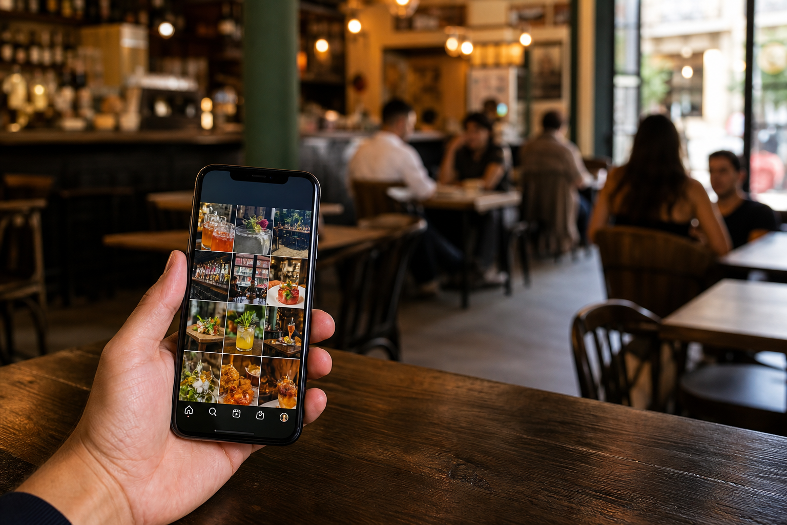 Móvil con Instagram abierto mostrando publicaciones de bar mientras el local aparece medio vacío al fondo