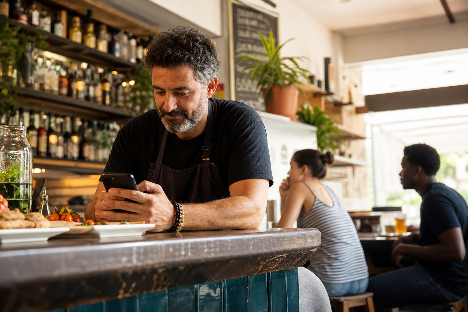 Dueño de bar mejorando un texto de promoción con IA desde su móvil en la barra