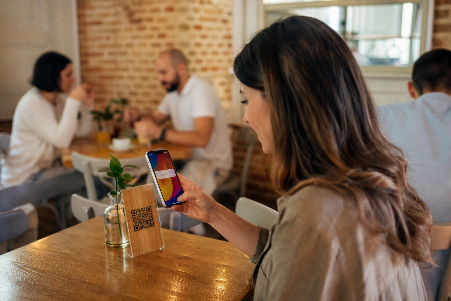 Cliente escaneando un código QR en una mesa de cafetería moderna mientras recibe una notificación en el móvil