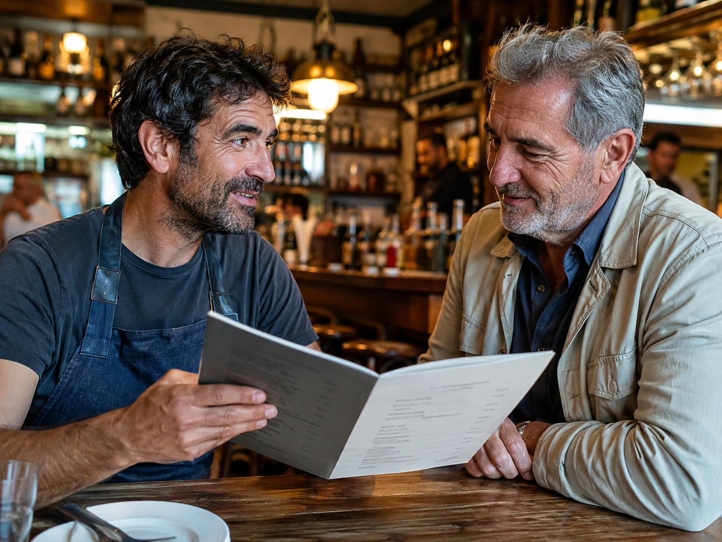 Dueño de bar mostrando la nueva carta renovada a un cliente habitual en un restaurante español